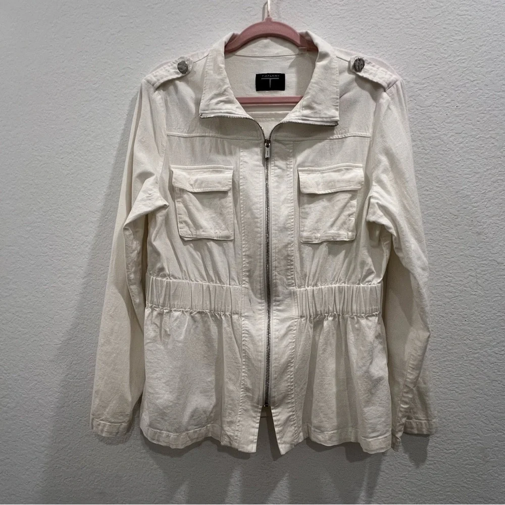TAHARI Women's White Linen Blend Utility‎ Zio Front Jacket Size M Summer Staple!